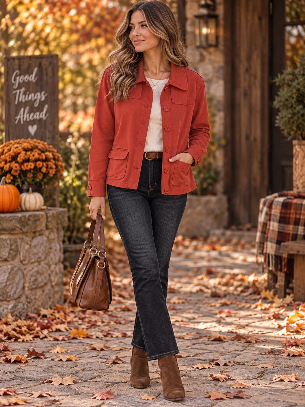 CJ Banks Burnt Orange Button-Front Utility Jacket